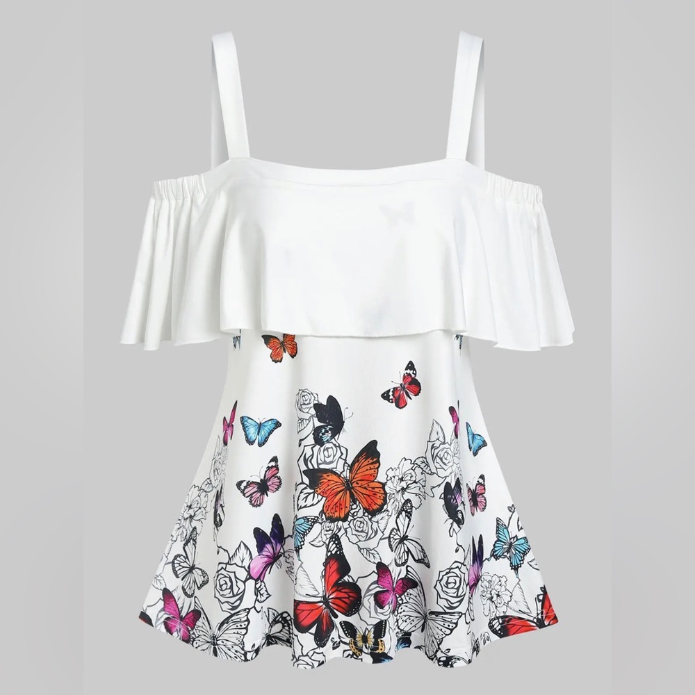 Dresslily Ruffled Cold Shoulder Butterfly Print Tee (White) (12)